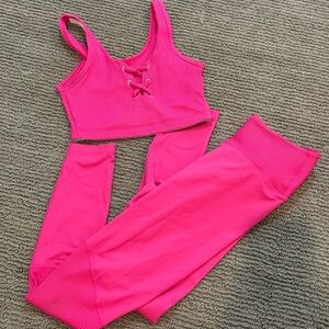 Year Of Ours Hot Pink ribbed leggings and Football lace up Bra | Size S